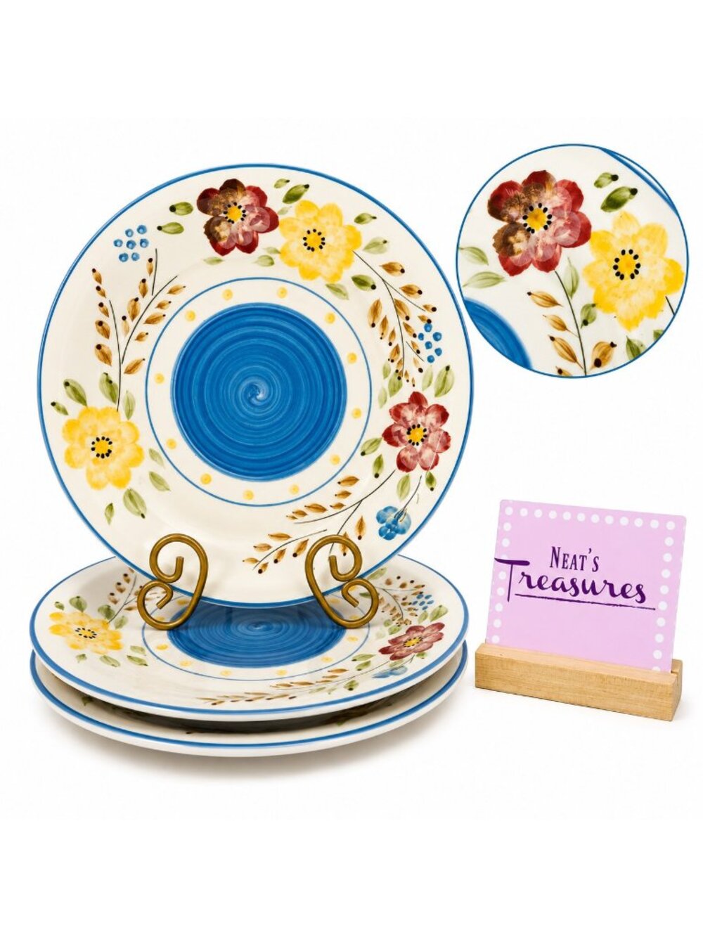 Royal Norfolk FLORAL BLUE CENTER SPECKLED Stoneware Round Dinner Plates Set 3